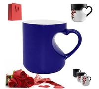Donubiiu Heart-Shaped Color Changing Ceramic Mug, Heat Sensitive Magic Coffee Cup with Red Roses and Love You More Design, Valentines Gift (Blue)