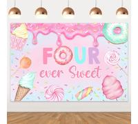 Donut 4th Birthday Backdrop Four Ever Sweet Pink Donut Backdrop Dessert 4th Birthday Decorations for Princess Girl Four Years Old Bday Party Decor 5x3ft