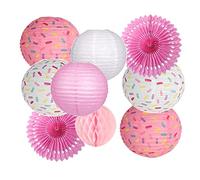 Donut Birthday Party Decorations, 9 Pieces Reusable Pink Round Donut Party Hanging Paper Lanterns, Supplies, Honeycomb Ball Paper Fan for Baby Shower Kids Birthday Home Decor