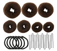 Donut bread maker, hair bun maker 7-piece brown, ring shape set, with 10 U-shaped clips, 5 elastic hair ropes.