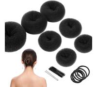 Donut Bun Maker Set, 7PCS Hair Donut Hair Bun Shaper Set, 4 Sizes Hair Donut Bun Ring with 5 Bands & 10 Bun Pins, Hair Bun Makers Set for Chignon Hair Styles Ballet Dancers Girls(Black)