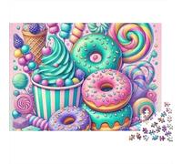 Donut Candy World 1000 Piece Jigsaw Puzzle Paper for Adults Colorful Sweets Illustration Relax Focus Home Decor Gift 52x38cm/1000pcs