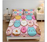 Donut Cat Super King Size Fitted Sheet 180x200x30cm, Cute Cartoon Microfiber Fitted Bed Sheets Soft Breathable Bedding with Extra Deep Pocket 30 Cm, Multi-Color