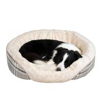 Donut Dog Bed, Calming Non-Slip, Soft & Cosy Plush with Reversible Inner, Anti-Anxiety Round Pet Bed for Small to Medium Dogs, Washable Grey Tartan Check (72 × 48 × 9 cm)