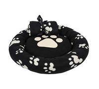 Donut Dog Bed, Round Black Paw Print Puppy Bed Starter Kit with Blanket, Soft Fleece Plush Machine Washable Pet Bed, Small Dog Breeds & Cats, Non Slip Base | 55x55cm | Blanket 80x80cm