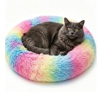 Donut Dog Bed Round Plush Pet Cushion Fluffy Rabbit Cave Pet Beds Warm Cozy Anti Anxiety Beds Dog Pillow for 5KG Large Pet, Rainbow