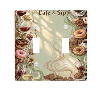 Donut Double Light Switch Cover Plate, Autumn Rustic Wine Glass Coffee Cup Autumn Brown Plastic Standard Size Decorative Wall Plates for Bedroom Bathroom Kitchen Entrance Decor