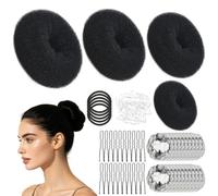 Donut Hair Bun Maker Kit - 4 Sizes Hair Bun Makers, with 5 High Elastic Black Hair Bands, 20 U-Shaped Pins, 20 Invisible Hair Nets, 50 Pcs Clear Tiny Hair Ties （Black）