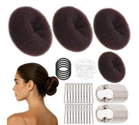 Donut Hair Bun Maker Kit - 4 Sizes Hair Bun Makers, with 5 High Elastic Black Hair Bands, 20 U-Shaped Pins, 20 Invisible Hair Nets, 50 Pcs Clear Tiny Hair Ties （Dark Brown）