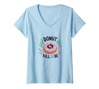 Donut Kill Vibe: Retro Music Pastry Art V-Neck T-Shirt, Women, Baby Blue, XXL