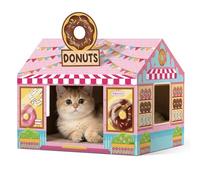 Donut Shop Cardboard Cat House Cat Scratch House with Scratcher Kitten Hideaway Playhouse Bed with Scratching Pads Cardboard Scratch Box for Indoor Outdoor Cats Bunny Small Animals Gift Supplies