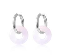 Donut Stone Earrings for Women Double Stacked Round Hoop Retro Minimalist Jewelry Cool Tone Gift for Mom Wife Birthday Valentine's Day (Silver Ring Pink Crystal)
