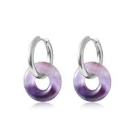 Donut Stone Earrings for Women Double Stacked Round Hoop Retro Minimalist Jewelry Cool Tone Gift for Mom Wife Birthday Valentine's Day (Silver Ring Amethyst)