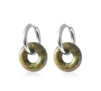Donut Stone Earrings for Women Double Stacked Round Hoop Retro Minimalist Jewelry Cool Tone Gift for Mom Wife Birthday Valentine's Day (Silver ring green)