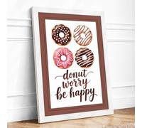 Donut Worry Be Happy Typography Framed Wall Art Print A1 (84.1×59.4cm) White, Wall Decor for Living Room, Bedroom, Office & Home, Ready to Hang, Art Gift