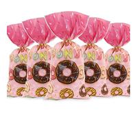 Donuts Cellophane Bags, 100pcs Sweet Doughnut Clear Treat Bags, Pink Plastic Candy Cello Bag Sweets Bag with 100 Gold Twist Ties for Goodie Cookies Nut Snack Wrap, Donuts Birthday Party Favor Supplies