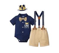 DONWEN Baby Boy First Birthday Outfit Mr Onederful Bowtie Romper + Suspender Shorts + Party Hat Cake Smash Outfits, A Navy Blue + Hat, 12-18 Months, Navy Blue + Hat, 12-18 Months, Navy + Hat, 12-18