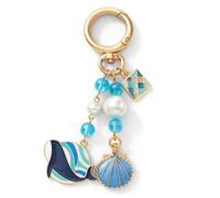 DONWOIE Ocean Keyring - Beach Keychain Bag Charms for Women with Blue Pearls & Striped Whale, Cute Key Rings Gifts for Beach Lovers & Summer Enthusiasts