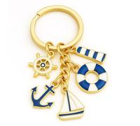 DONWOIE Sailboat Keyring - Nautical Keychain Bag Charms for Women with Golden Rudder, Anchor, Lifebuoy, Lighthouse, and Sailboat, Cool Key Rings Gifts for Sailors & Ocean Lovers
