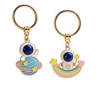 DONWOIE Space Keyring -Couple Keychain Bag Charms for Women with Gold Rings, Blue Planet, Rainbow Arc, Star Wand, & Heart Accents, Astronaut Key Rings Gifts for Space Lovers & Couples