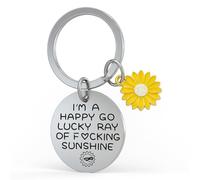 DONWOIE Sunflower Keyring - Quirky Keychain Bag Charms with “I'M A HAPPY GO LUCKY RAY OF SUNSHINE” Engraved Metal Tag,Cool Keyrings Gifts for Free Spirits and Optimists