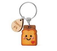 DONWOIE Toast Keyring - Cheers! Smiley Toast Keychain Bag Charms for Women with Wooden Tag & Metal Ring, Encouraging Key Rings Gifts for New Beginnings