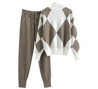 DONYKARRY Loungewear Sets for Womens,Girls 2 Piece Long Sleeve Tracksuit Plus Size Activewear Workout Tops Autumn Warm Knitted Suit Bottoms Teen Y2K Streetwear (Brown,M)