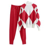 DONYKARRY Loungewear Sets for Womens,Girls 2 Piece Long Sleeve Tracksuit Plus Size Activewear Workout Tops Autumn Warm Knitted Suit Bottoms Teen Y2K Streetwear (Red,M)