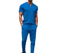 DONYKARRY Men's Tracksuits 2pcs Short Sleeve Zip Top & Trouser, Blue, XXL