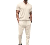 DONYKARRY Men's Tracksuits 2pcs Short Sleeve Zip Workout Top & Trouser Set for Casual Sport Business Outfits Lounge(Apricot,XL)