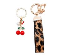 Dooaqiin Premium Leather Car Keyring for Women Cute Cherry Charm Keychain Wristlet Key Strap Accessories Key Rings for Car Keys Womens Keychains Gifts Leopard Print Keyring Strap