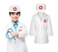 DOOCECIY 3 Pcs Kids Doctors Outfit, Doctor Costume Kids Including Lab Coat Scrub Cap and Stethoscope for 1-1.2m Children