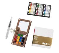 DOOCECIY Pocket Artist Watercolour Travel Set, Portable Wooden Mini Art Paint Palette with Sketchbook Watercolor Pen (15Grid)