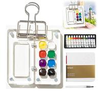 DOOCECIY Pocket Mini Watercolour Paint Set, 8 Grids 12 Color Miniature Painting Kit include Sketchbook, Watercolor Pen, Metal Clip
