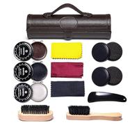 DOOCECIY Portable 12 in 1 Shoe Polish Kit, Brown Leather Shoe Cleaning Care Kit with Brush Travel Case Wooden Applicator Shoehorn