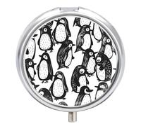 Doodle Black Penguin Pill Case Box with 3 Compartment Medicine Vitamin Organizer for Purse Pocket 5x5cm