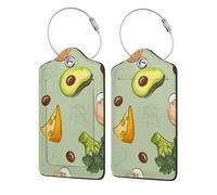 Doodle Broccoli Cheese Avocado,Luggage Tags Pu Leather Name Tag Travel Suitcase Identifier ID Tags Durable Luggage Label 2 pcs