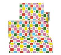Doodle Chequer Wrapping Paper - 6 Sheets Gift Wrap for Teens Kids or Friends - Birthday All Occasion Colourful Squares Hearts Rainbows Cherries - Recyclable - Comes with Tags by Central 23