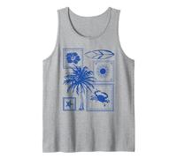 Doodle Collage Surfboard Palm Tree Crab Starfish Hibiscus Tank Top, Men, Heather Grey, Small