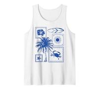 Doodle Collage Surfboard Palm Tree Crab Starfish Hibiscus Tank Top, Men, White, X-Large