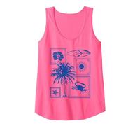 Doodle Collage Surfboard Palm Tree Crab Starfish Hibiscus Tank Top, Women, Neon Pink, Medium