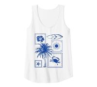 Doodle Collage Surfboard Palm Tree Crab Starfish Hibiscus Tank Top, Women, White, Medium