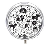 Doodle Dog Black Pill Case Box with 3 Compartment Medicine Vitamin Organizer for Purse Pocket 5x5cm