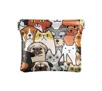 Doodle Dogs Cats Faces PU Leather Small Coin Unique Card Key Organizer for Women Boys Girls, Doodle Dogs Cats Faces, 4.33"(L) x 3.74"(W) x 0.39"(H), Classic