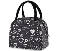 Doodle Hearts Black Insulated Lunch Bag, Reusable Multi-Pocket Container Handle Cooler Tote Bag for Women&Men School Work Picnic Outdoor Travel