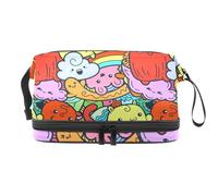 Doodle Monsters Seamless Pattern Double Layer Cosmetic Bag for Women and Girls, Travel Toiletry Bag Makeup Handy Pouch Organiser Bag with Brush Compartment