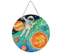 Doodle Solar System Astronaut Spaceship Meteor Sci-fi Sketch Welcome Sign for Front Door 7.9 Wooden Flower Door Hanger, Rustic Round Large Wood Plaque Wall Hanging Decor for Front Porch Outdoor Farmho