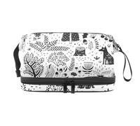 Doodle Trees and Rabbits Double Layer Cosmetic Bag for Women and Girls, Travel Toiletry Bag Makeup Handy Pouch Organiser Bag with Brush Compartment