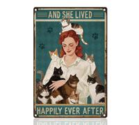 Doodlearm And She Lived Happily Ever After Tin Sign Cute Cat Retro Metal Wall Decor 20x30 cm Inspirational Quotes Wall Art Poster for Home Coffee Shop Kitchen Toilet Decor Gift
