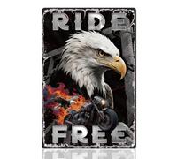 Doodlearm Ride Free Tin Sign Bald Eagle Metal Wall Decor 20x30 cm Motorcycle Wall Art Poster for Bar Club Man Cave Carage Decor Gift